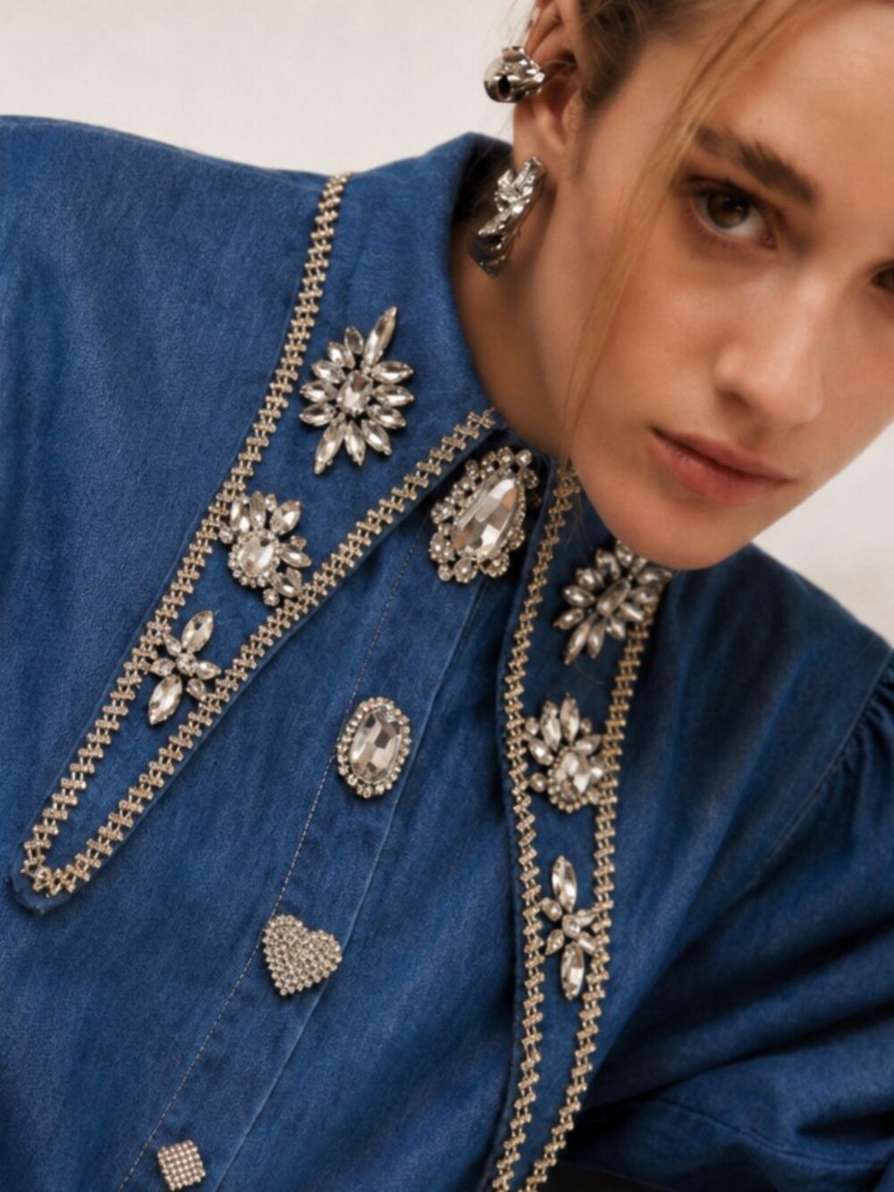 Rhinestone Denim Blouse Shirt Crystal Buttons Oversize Y2K Festive